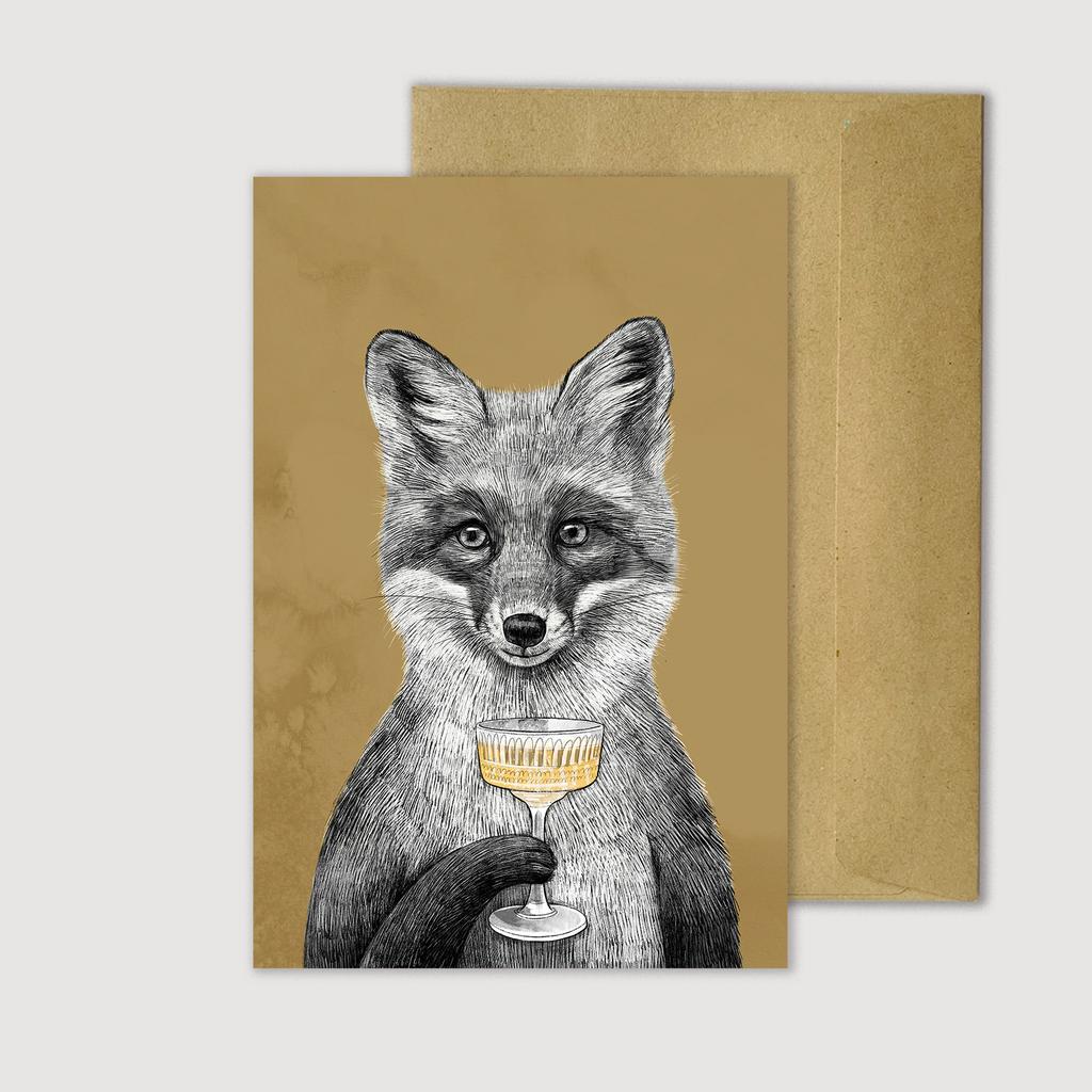 Лиса с бокалом шампанского - открытка