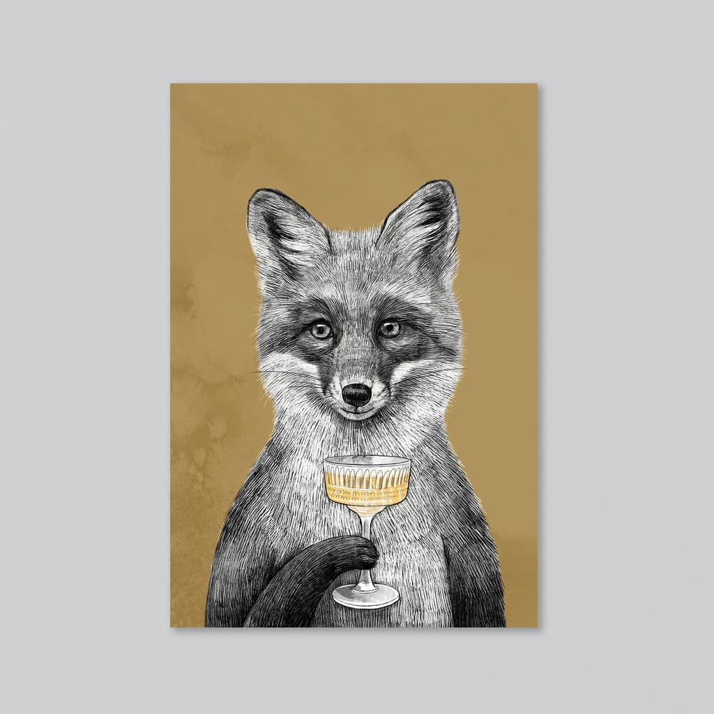 Лиса с бокалом шампанского - оптовая открытка - 20 штук