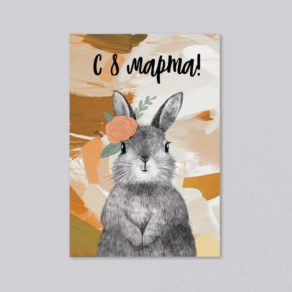 С 8 марта - зайка на горчичном фоне - оптовая открытка - 20 штук