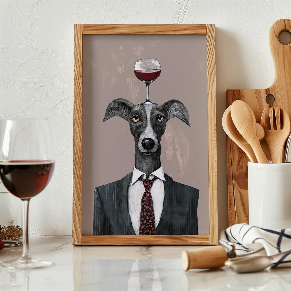Собака в костюме с бокалом красного вина