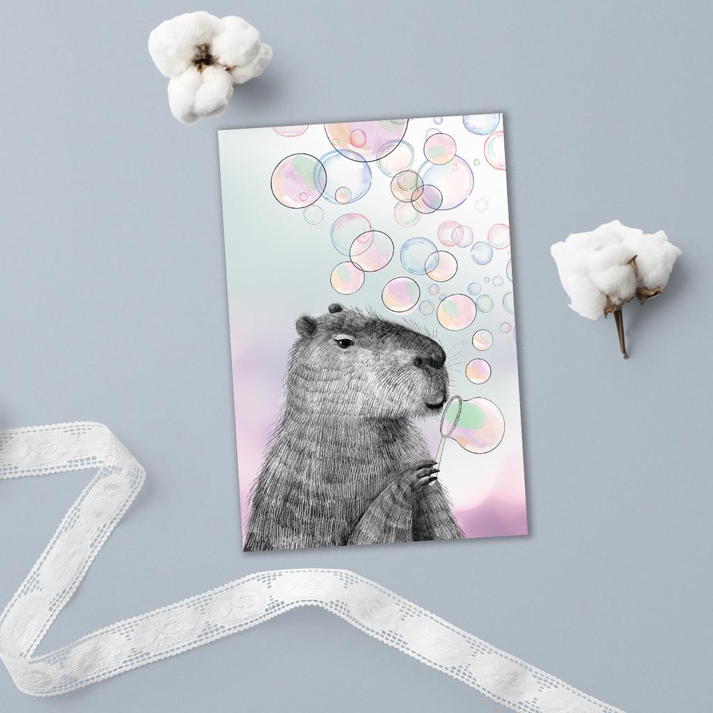 Капибара с мыльными пузырями - открытка