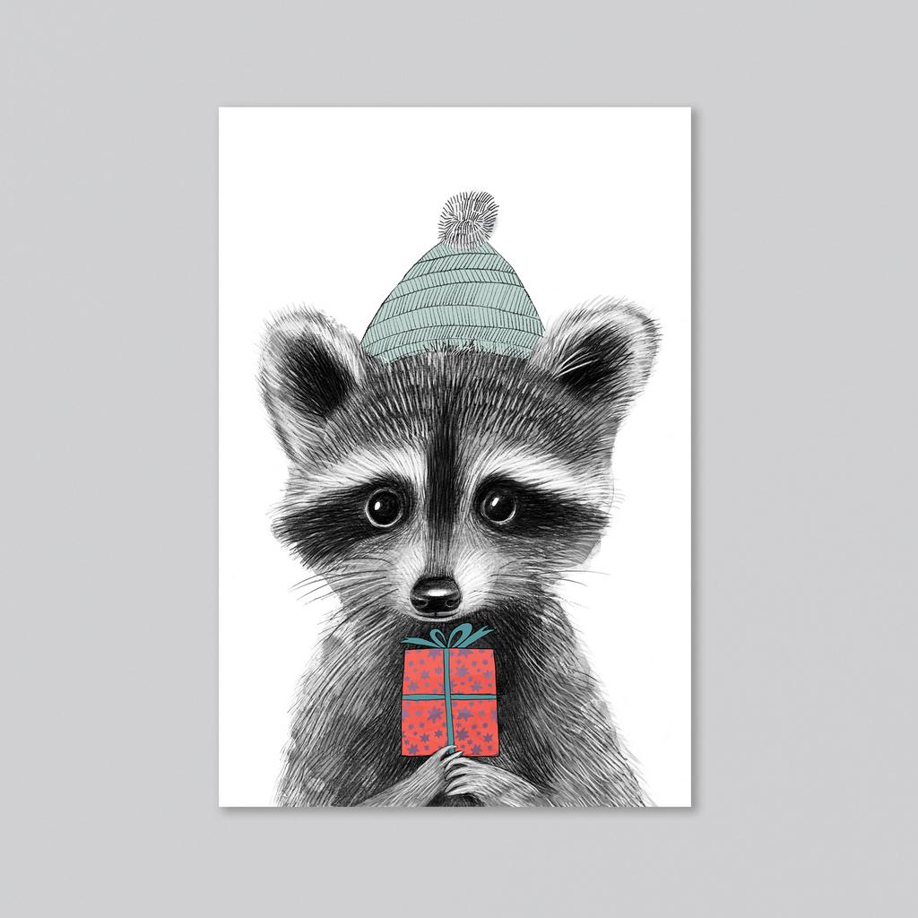 Малыш енотик с подарком - оптовая открытка - 20 штук