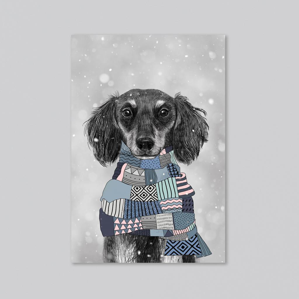 Такса в голубом шарфике на снежном фоне - оптовая открытка - 20 штук