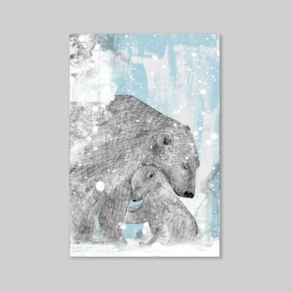 Мама белый мишка с малышом - оптовая открытка - 20 штук