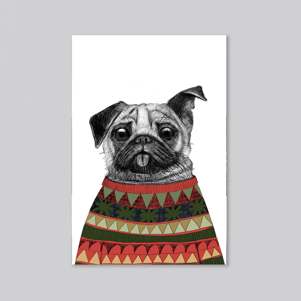 Мопс в свитере - оптовая открытка - 20 штук