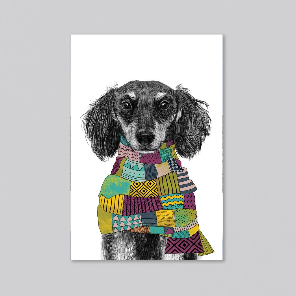 Такса в шарфике - оптовая открытка - 20 штук