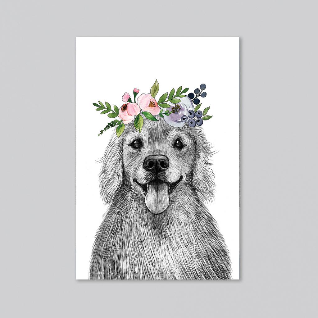 Золотистый ретривер с цветочками - оптовая открытка - 20 штук