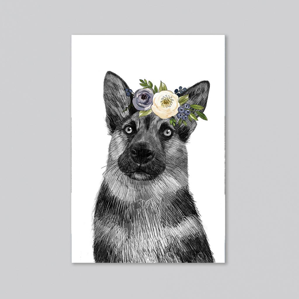 Немецкая овчарка с цветочками - оптовая открытка - 20 штук