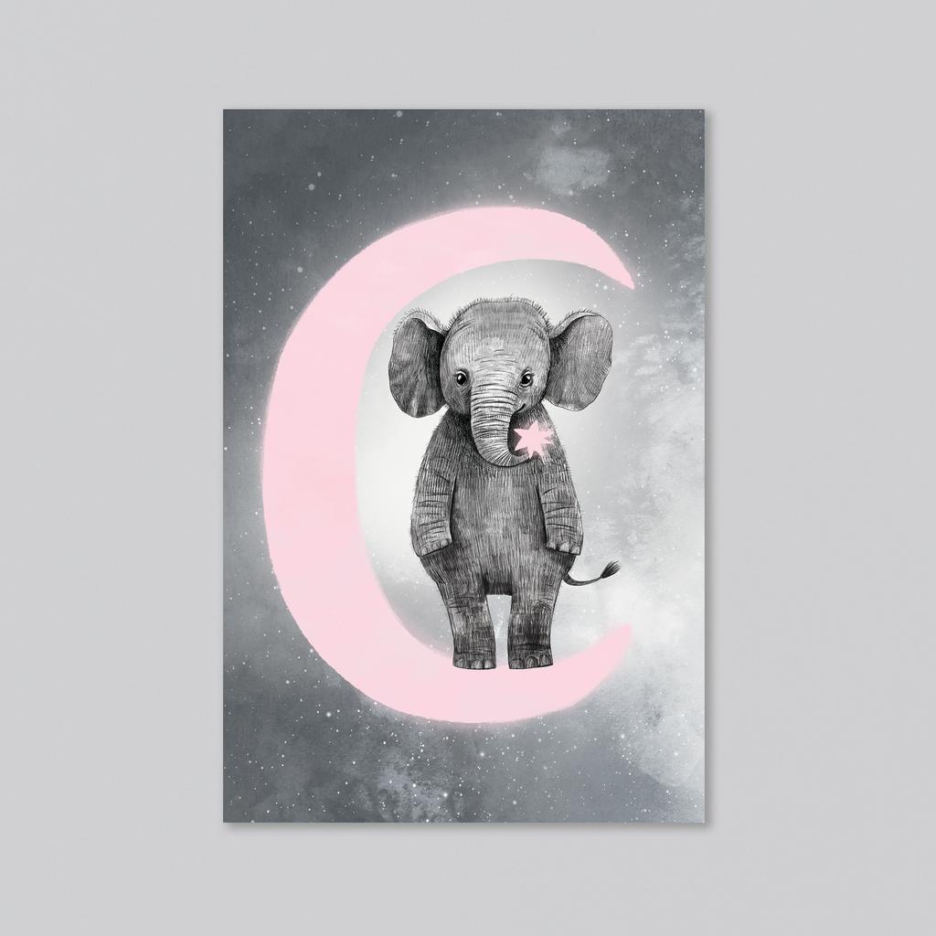 Слоник на розовой луне - серый фон - оптовая открытка - 20 штук