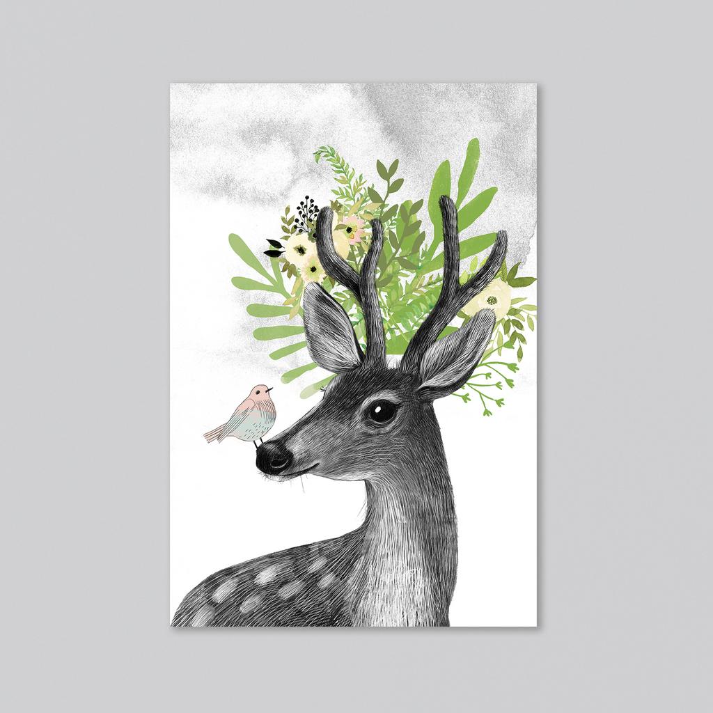 Весенний олень с птичкой - оптовая открытка - 20 штук