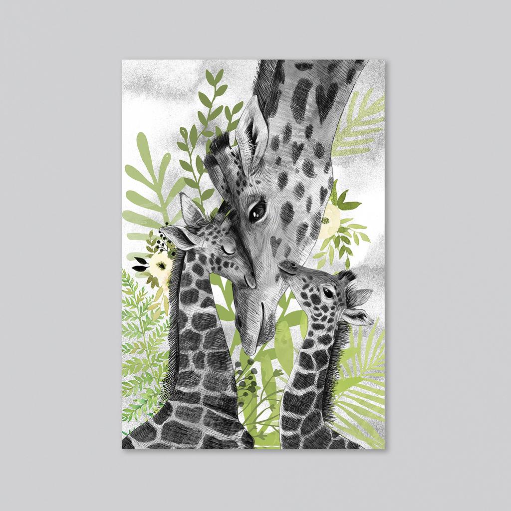 Жирафы - мама с детьми - на лугу - оптовая открытка - 20 штук