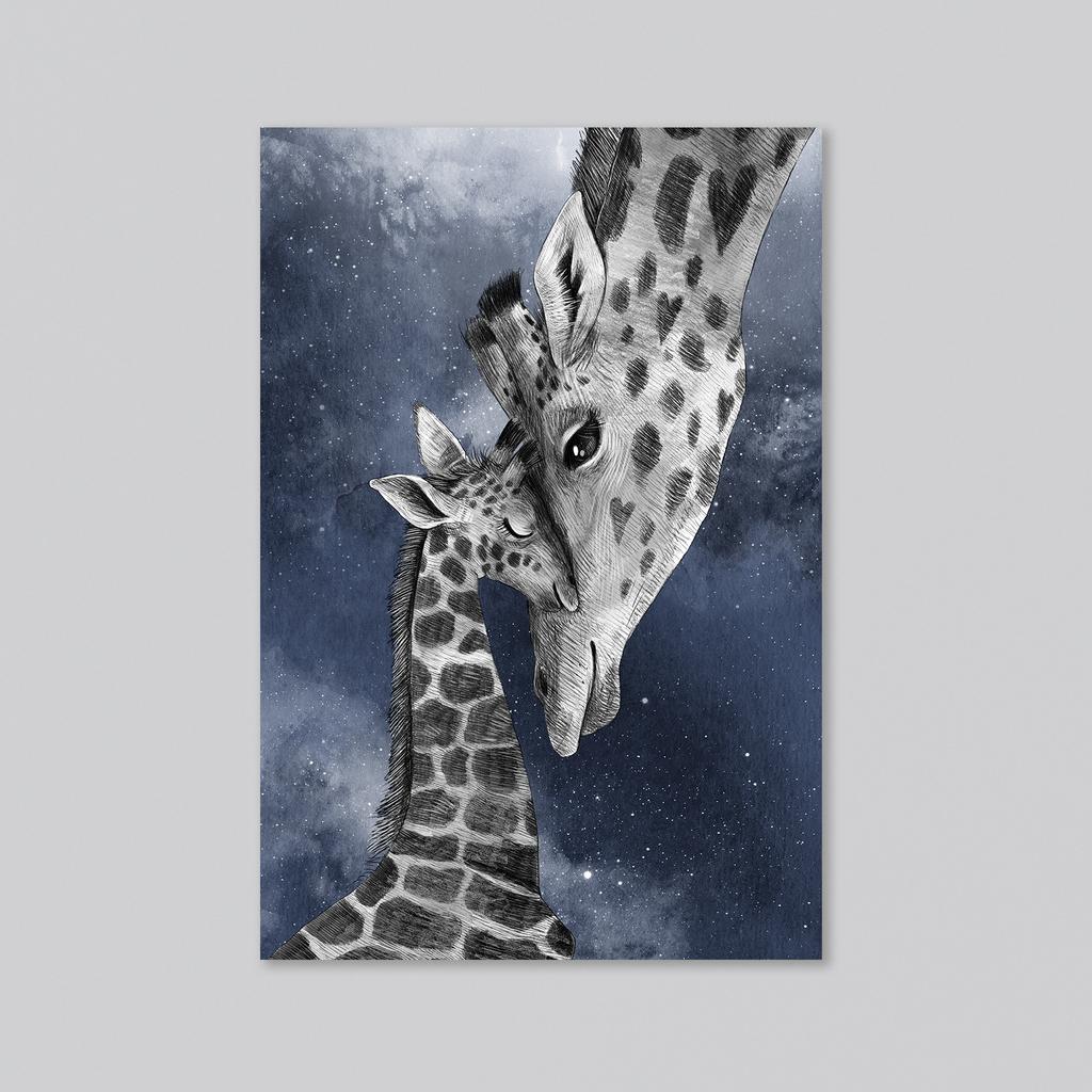 Жирафы - мама с детьми на темном фоне - оптовая открытка - 20 штук