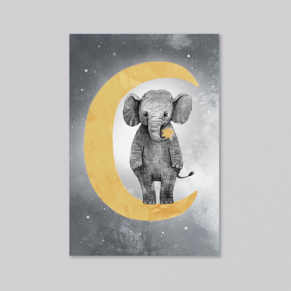 Слоник на луне - серый фон - оптовая открытка - 20 штук