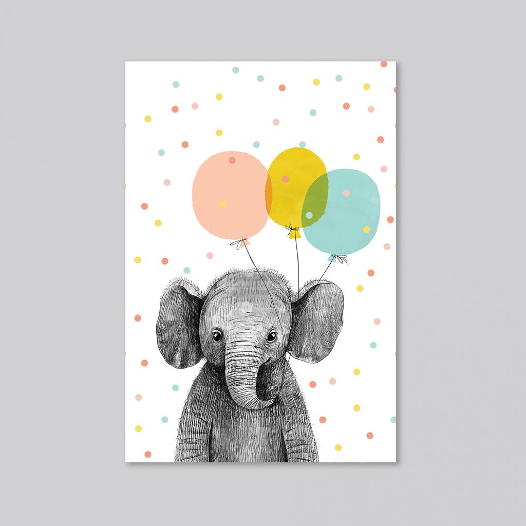 Малыш слоник с воздушными шариками - оптовая открытка - 20 штук