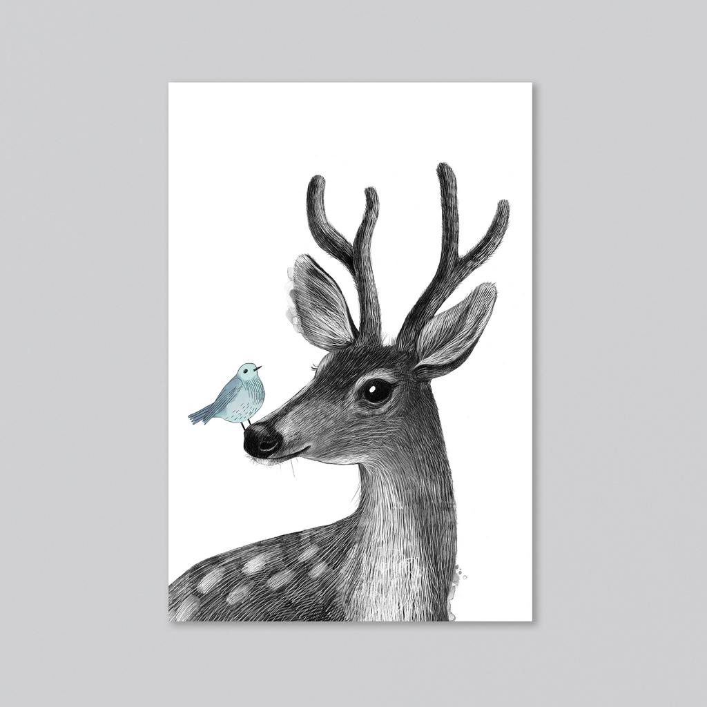 Олень с птичкой - оптовая открытка - 20 штук