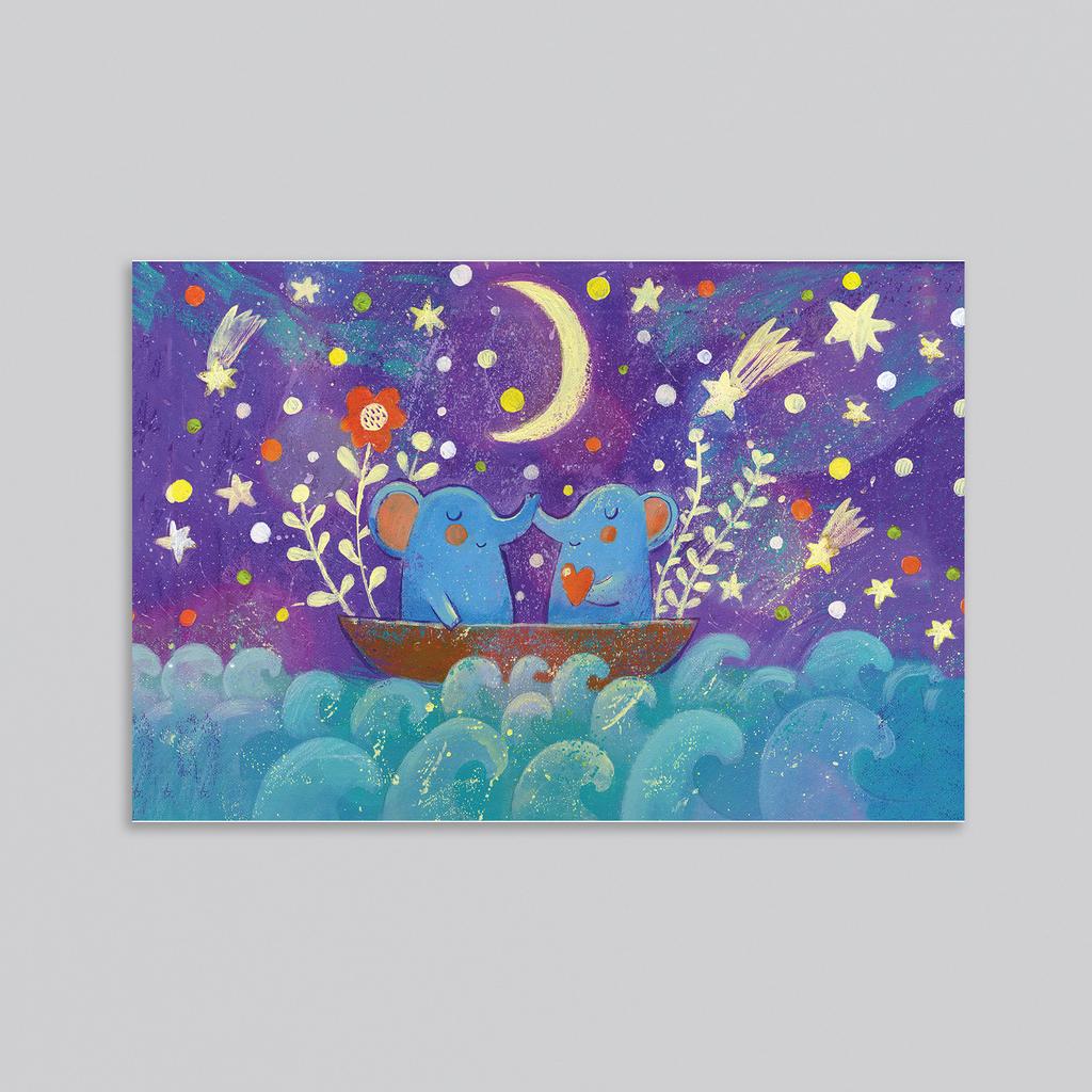 Слоники на лодке - оптовая открытка - 20 штук