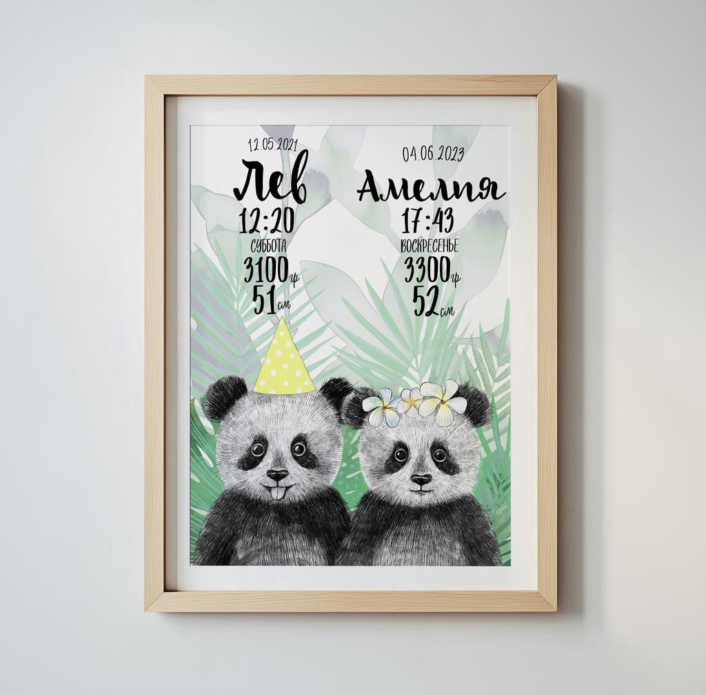 Метрика с пандами для двух детей