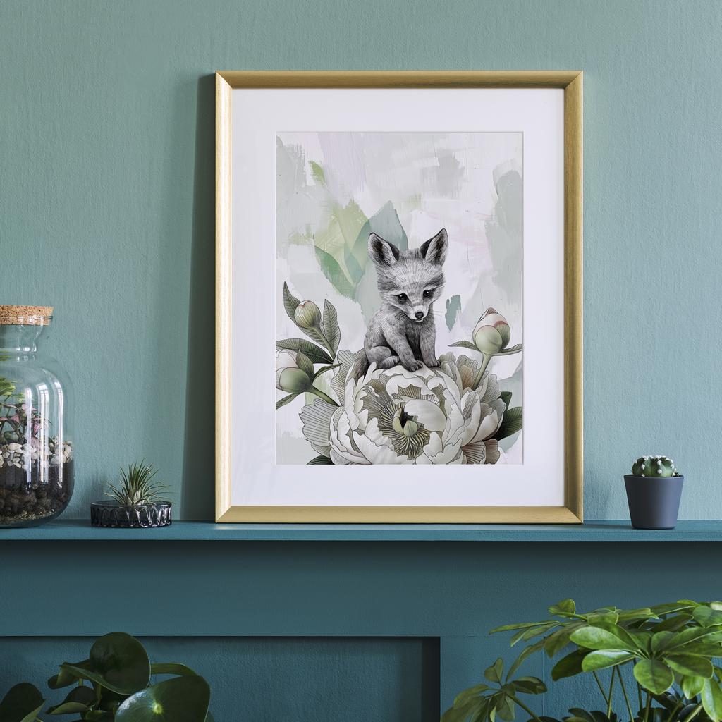 Лисёнок на белом пионе - постер