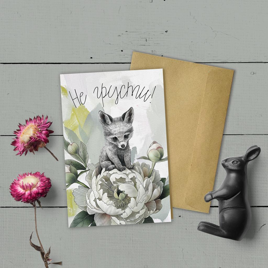 Не грусти - лисёнок на пионе - открытка