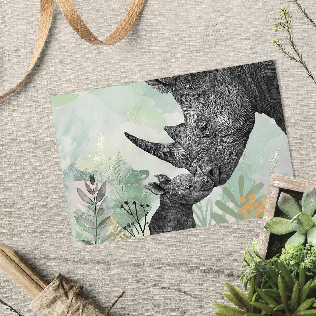 Носороги - мама с ребёнком - открытка