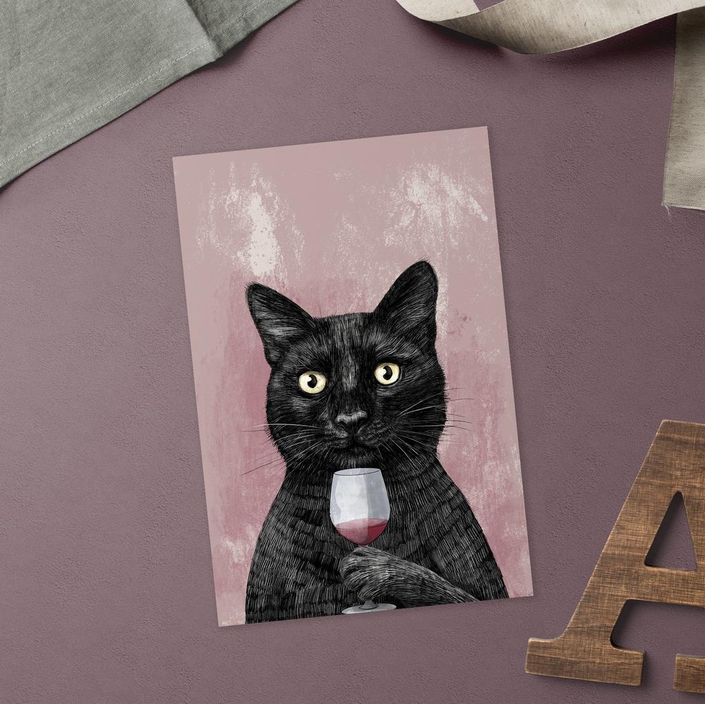 Чёрный кот с бокалом вина - открытка