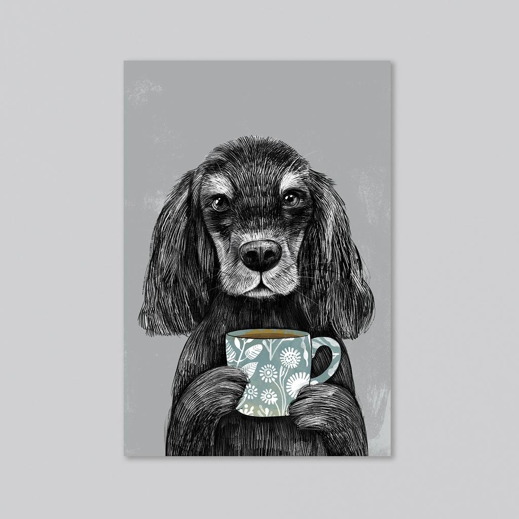 Английский коккер с кружкой кофе - оптовая открытка - 20 штук