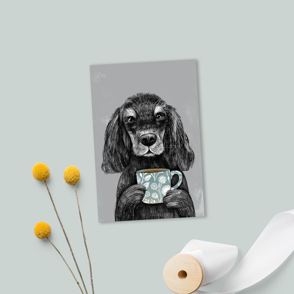 Английский коккер с кружкой кофе - открытка