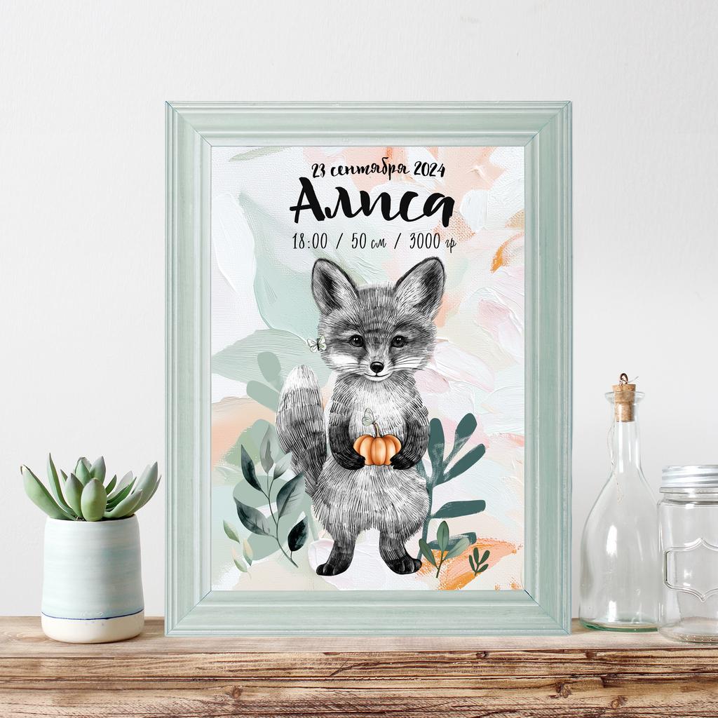 Метрика с лисичкой с тыквой в лапках