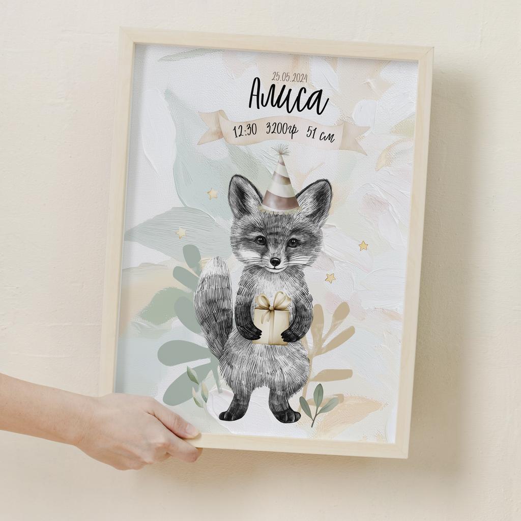 Метрика с лисичкой с колпачком и подарком