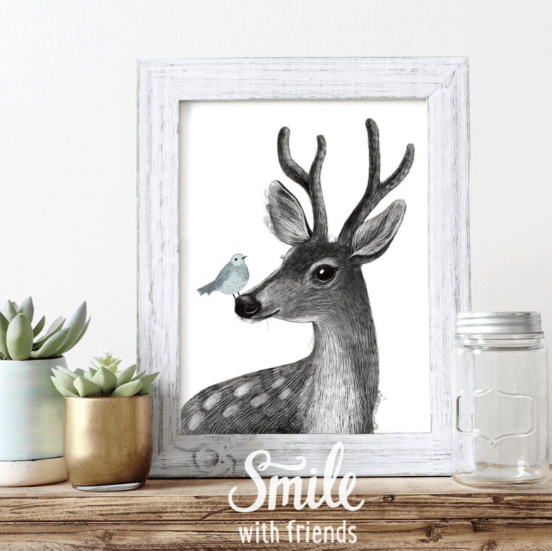 Олень с птичкой (рогатый)