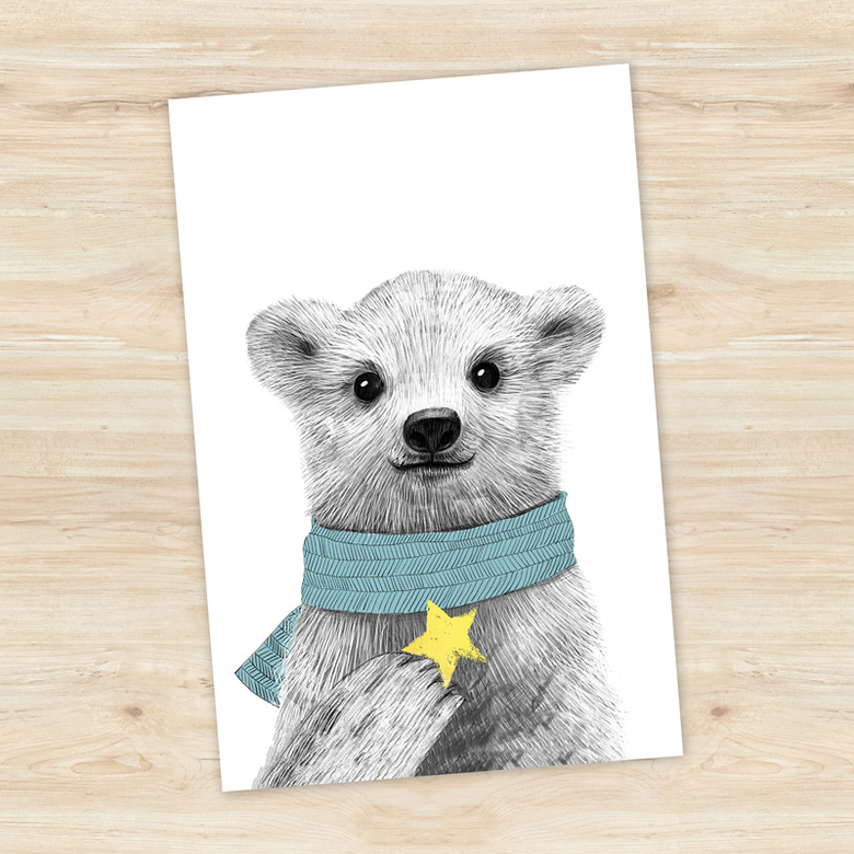 Белый мишка со звездочкой - открытка