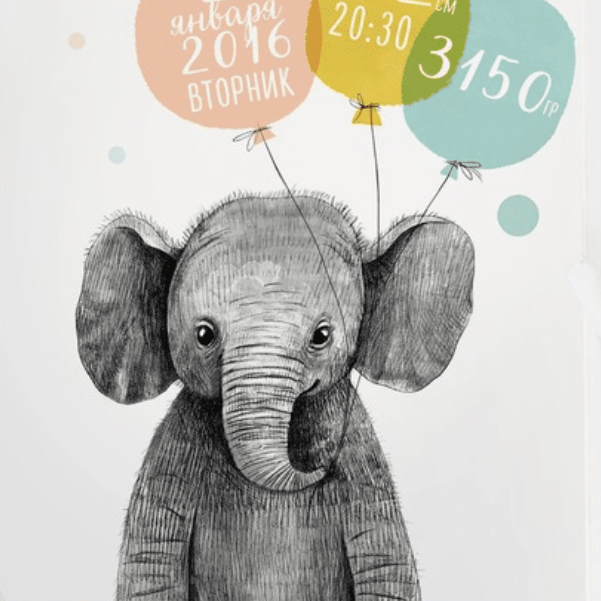 Постер - метрика Слоник с воздушными шарами купить в интернет магазине