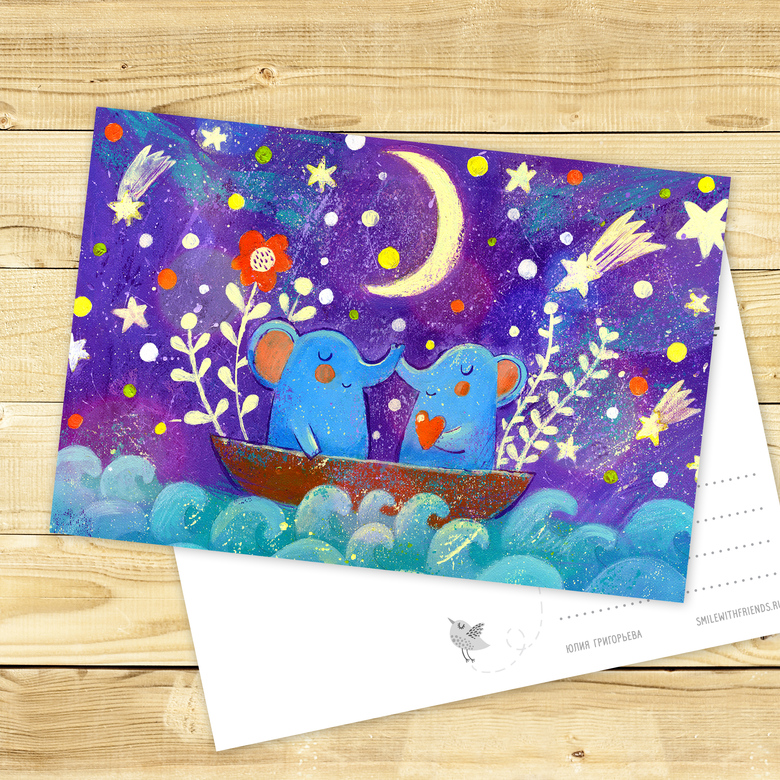 Слоники на лодке - открытка