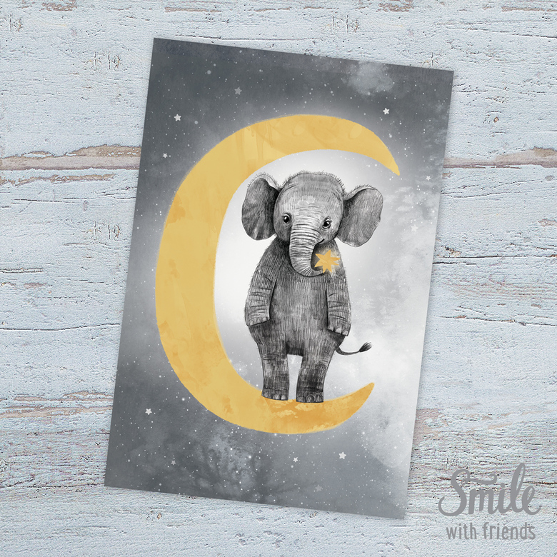 Слоник на луне - серый фон - открытка