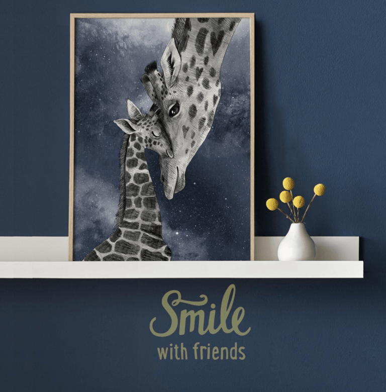 Жирафы - мама с ребенком на темном фоне