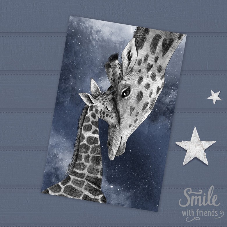 Жирафы - мама с ребенком на темном фоне - открытка
