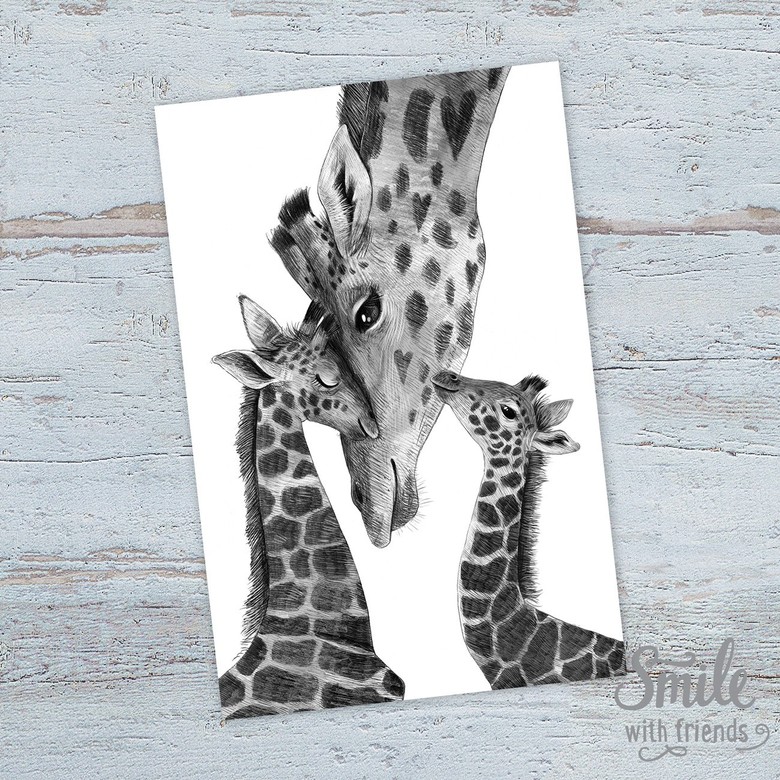 Жирафы - мама с детьми - открытка