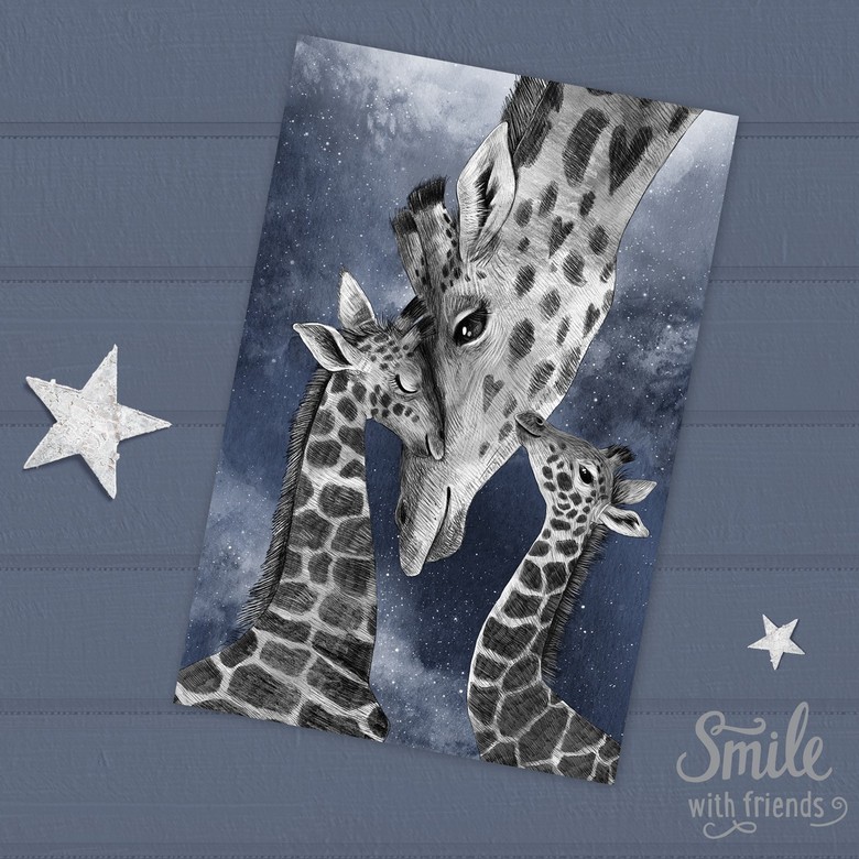 Жирафы - мама с детьми на темном фоне - открытка