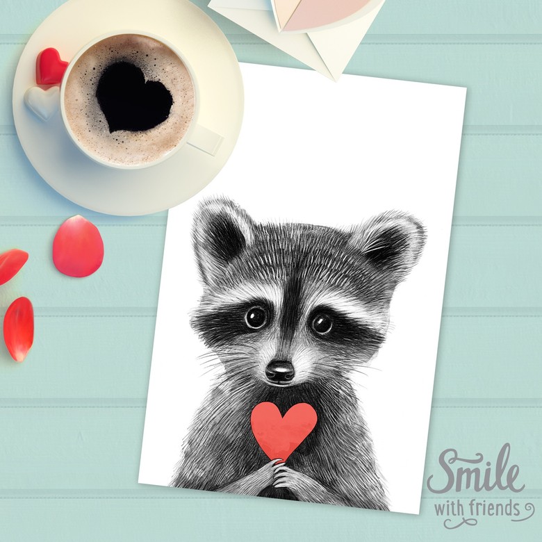 Енотик с сердечком - открытка