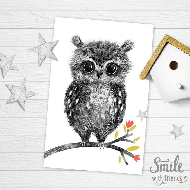 Совенок на веточке - открытка