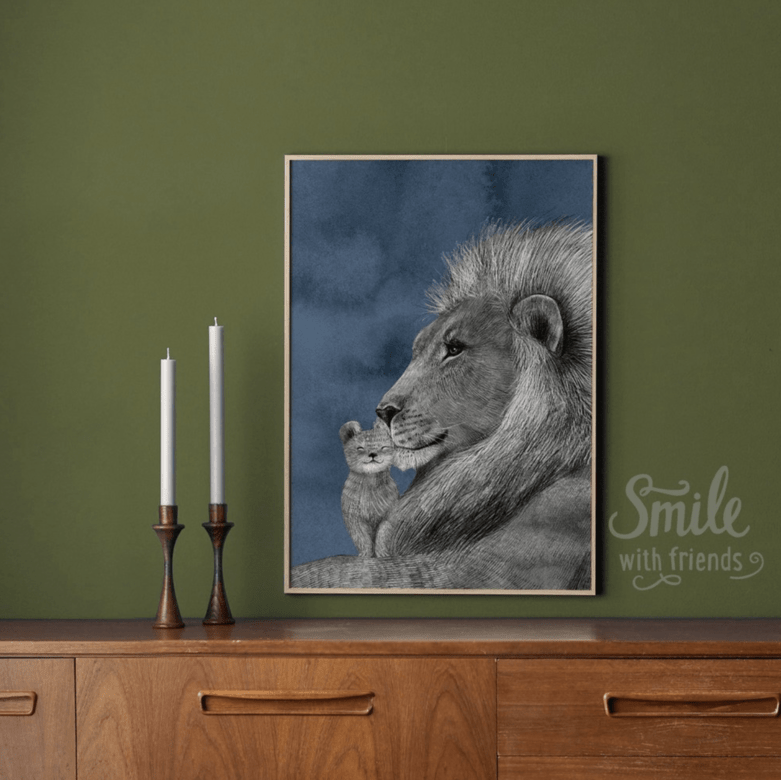 Львы - папа с ребенком на темном фоне