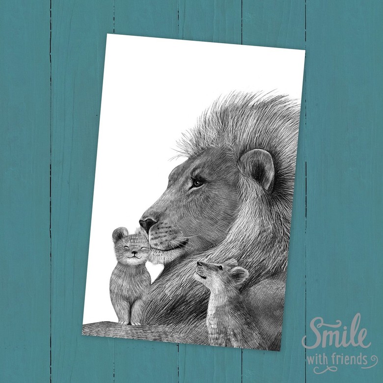 Папа лев и два львенка - открытка