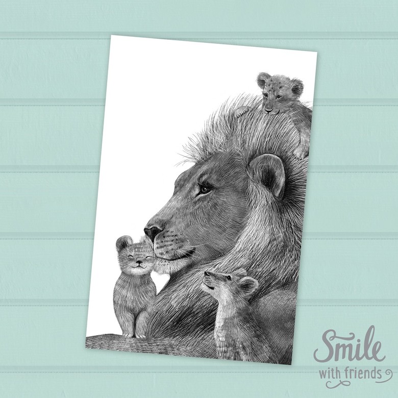 Папа лев и три львенка - открытка