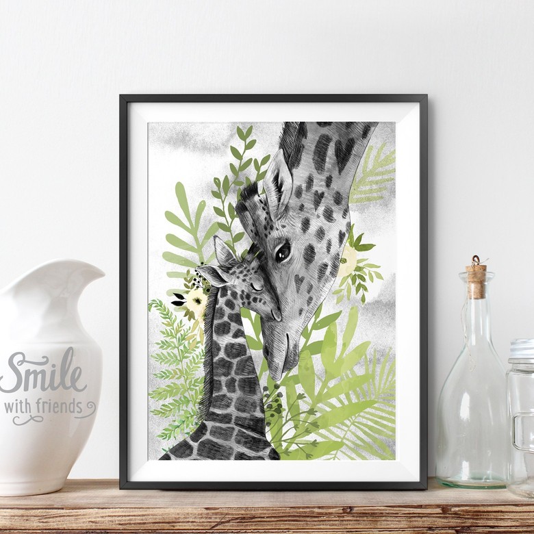 Жирафы- мама с ребенком на лугу