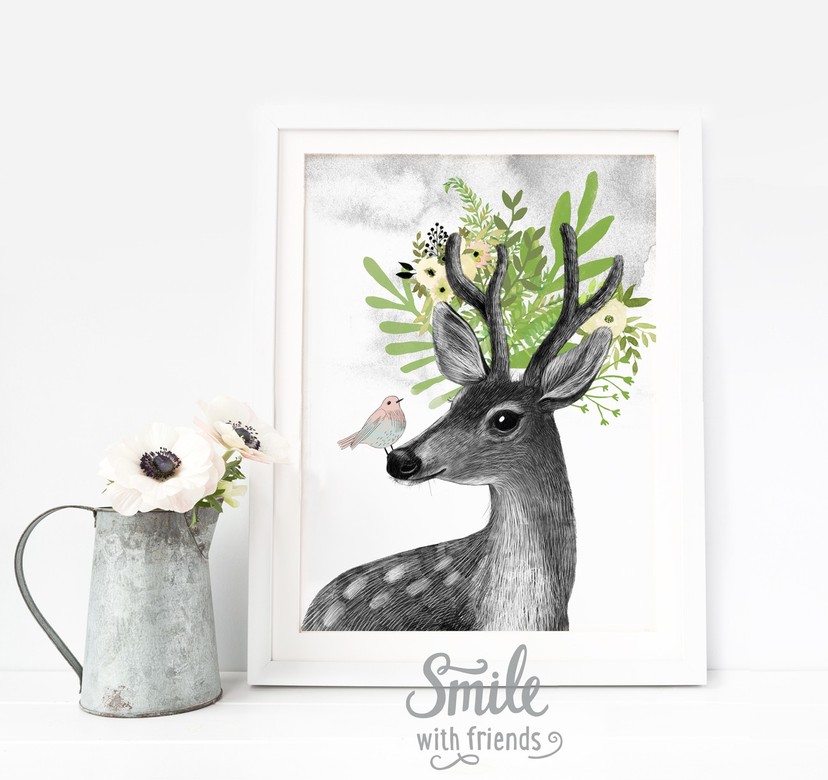 Весенний олень с птичкой