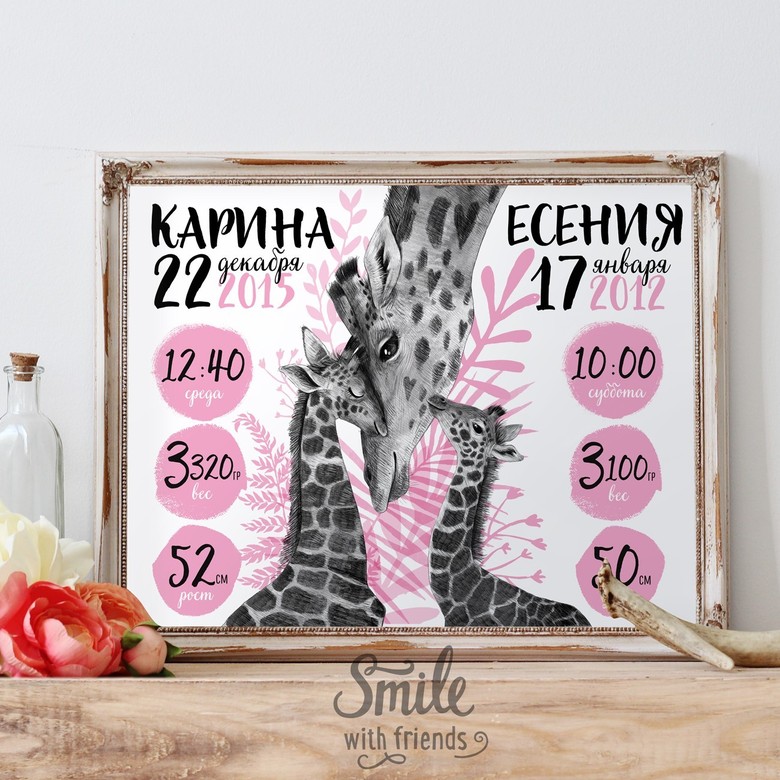 Мама жираф с двумя детьми - розовая метрика