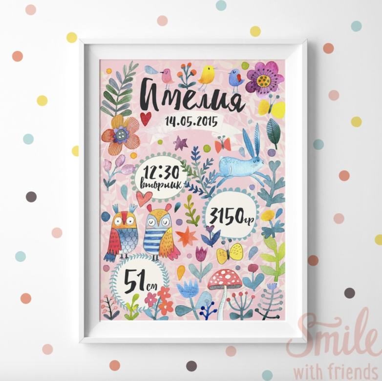 Метрика с акварельными цветами, зайцем и совами - именной постер