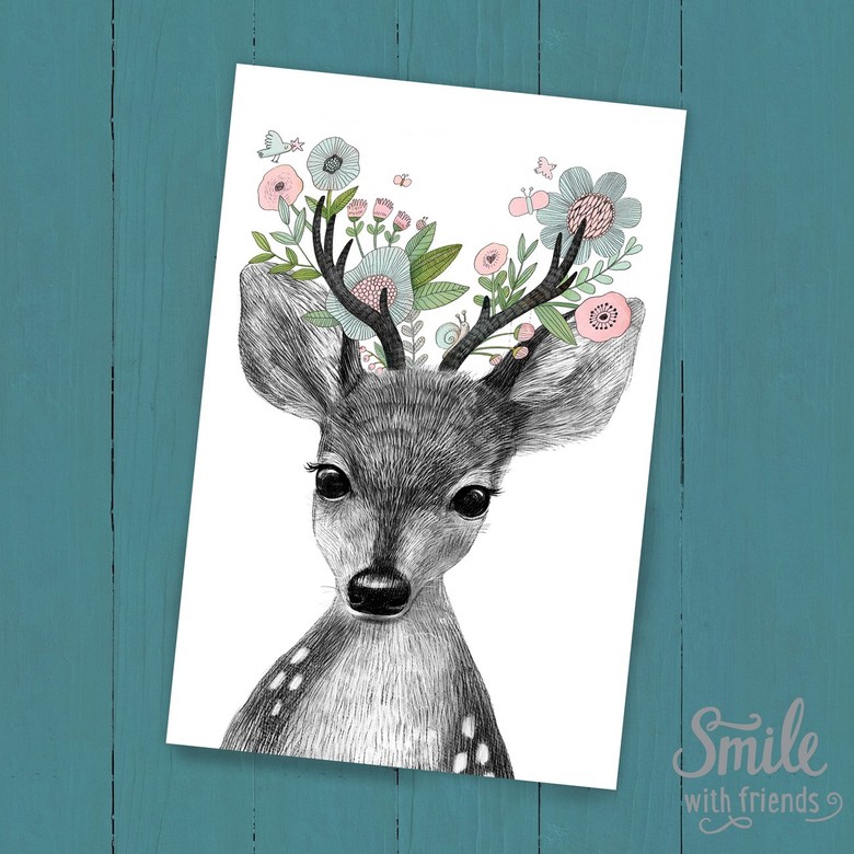 Малышка олень с цветами - открытка