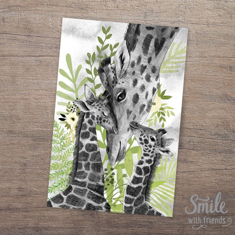 Жирафы- мама с ОДНИМ или ДВУМЯ детьми на лугу - открытка