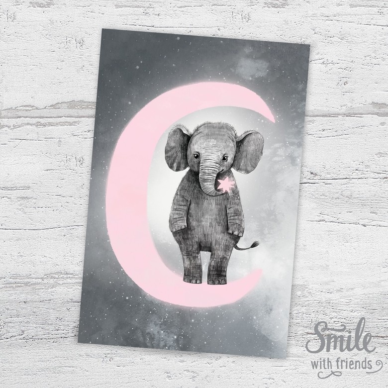 Слоник на розовой луне - серый фон - открытка